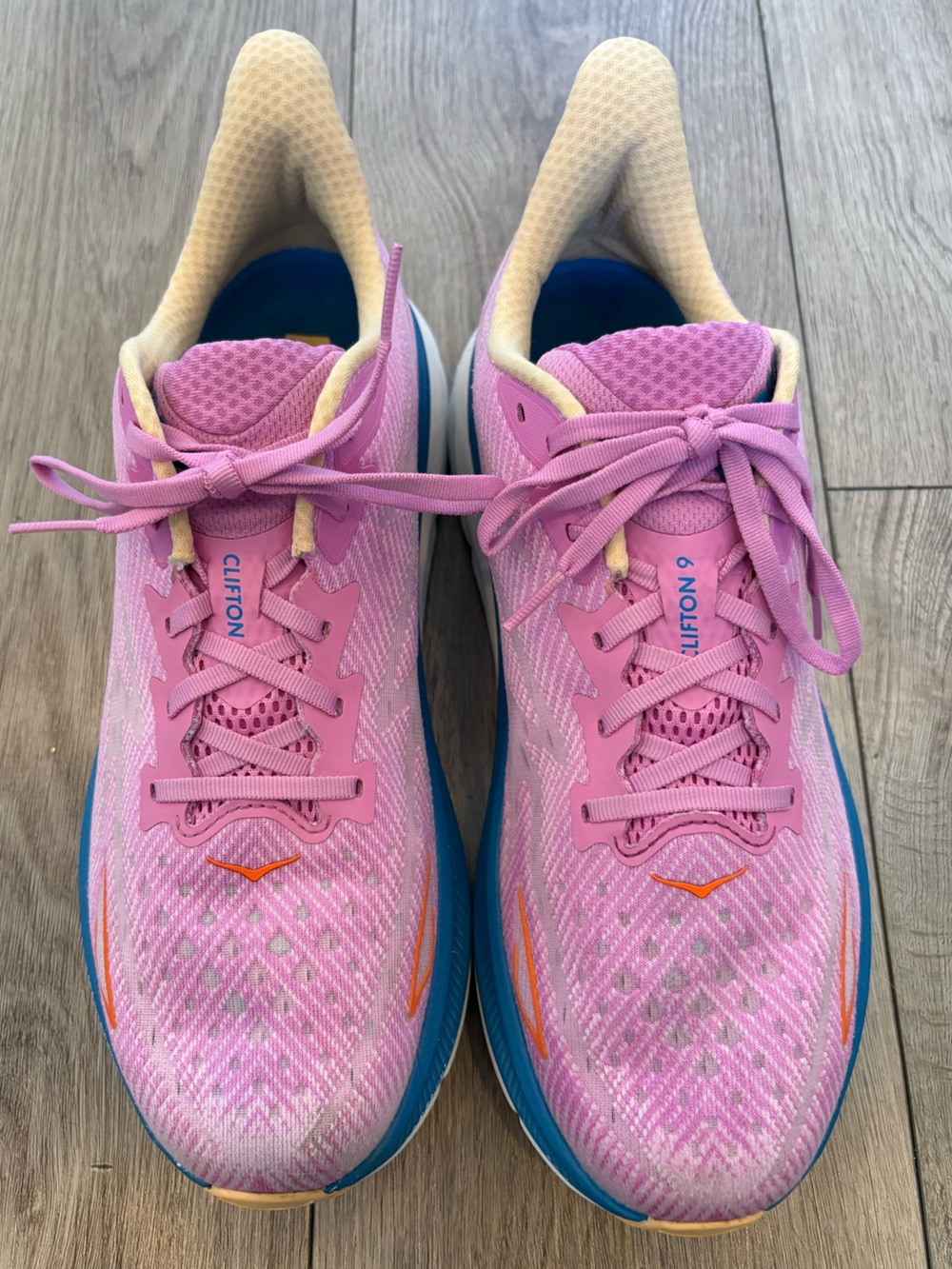 HOKA Clifton 9 Running Shoes Pink Blue Orange Women’s Size 12B
